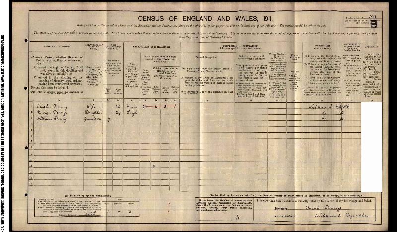 Denny (Sarah) 1911 Census
